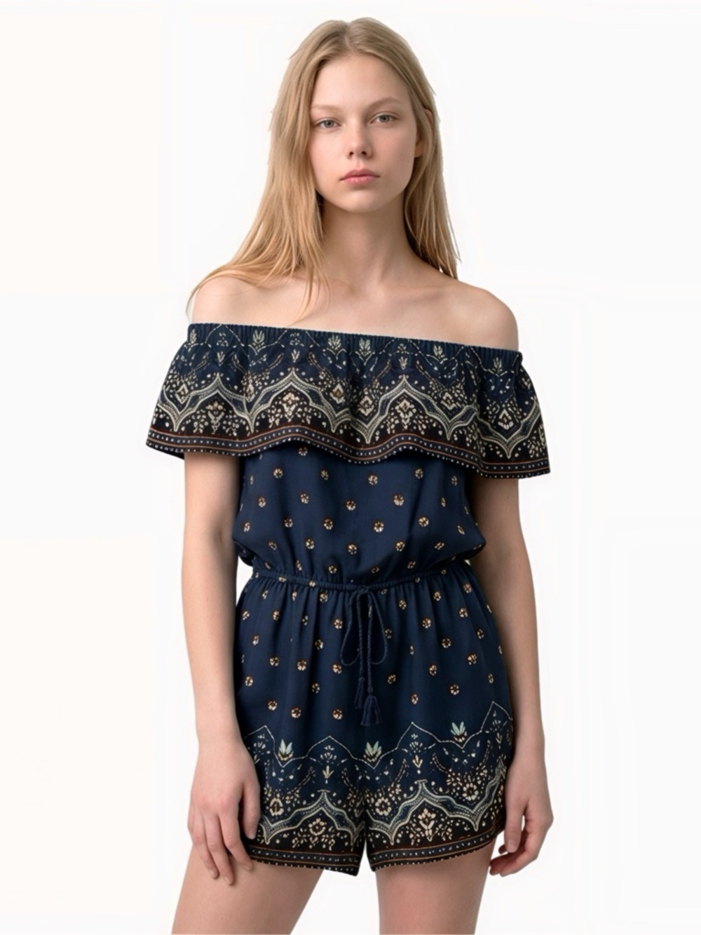 Xhilaration Navy Off-Shoulder Boho Festival Romper Womens Size XL